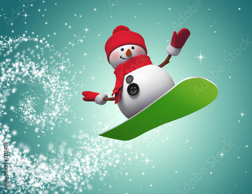 3d snowman jumping on snowboard, holiday illustration