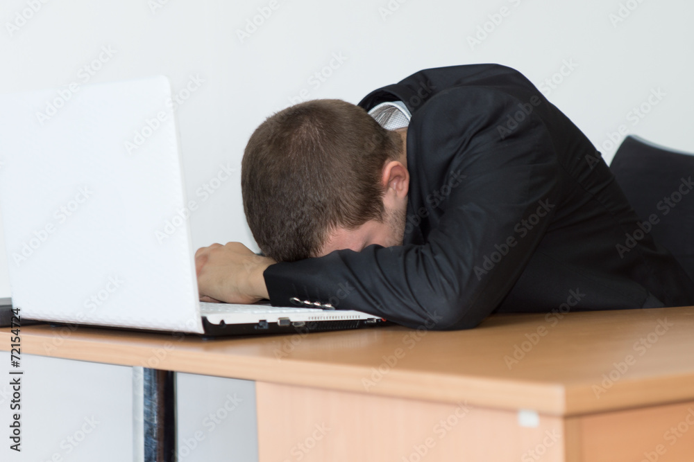 Tired Office Man Take Rest In Front His Computer Tired Office Man Take Rest In Front His Computer