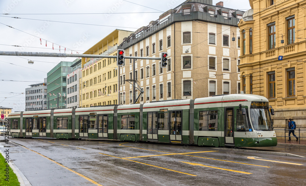 Modern tram on a street of Augsburg - Germany, Bavaria