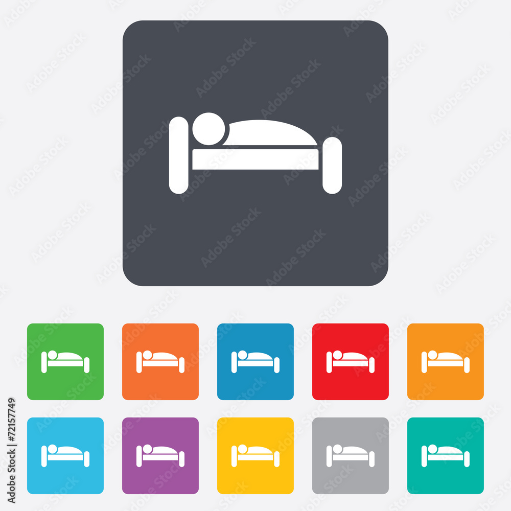 Human in bed icon. Rest place. Sleeper symbol. Human in bed icon. Rest place. Sleeper symbol.