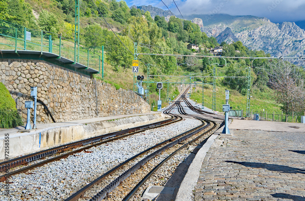Rack railway railroad tracks in Vall de Nuria, Spain Rack railway railroad tracks in Vall de Nuria, Spain
