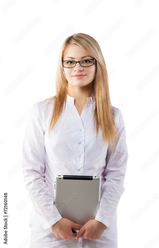 Portrait of cheerful female doctor with clipboard Portrait of cheerful female doctor with clipboard