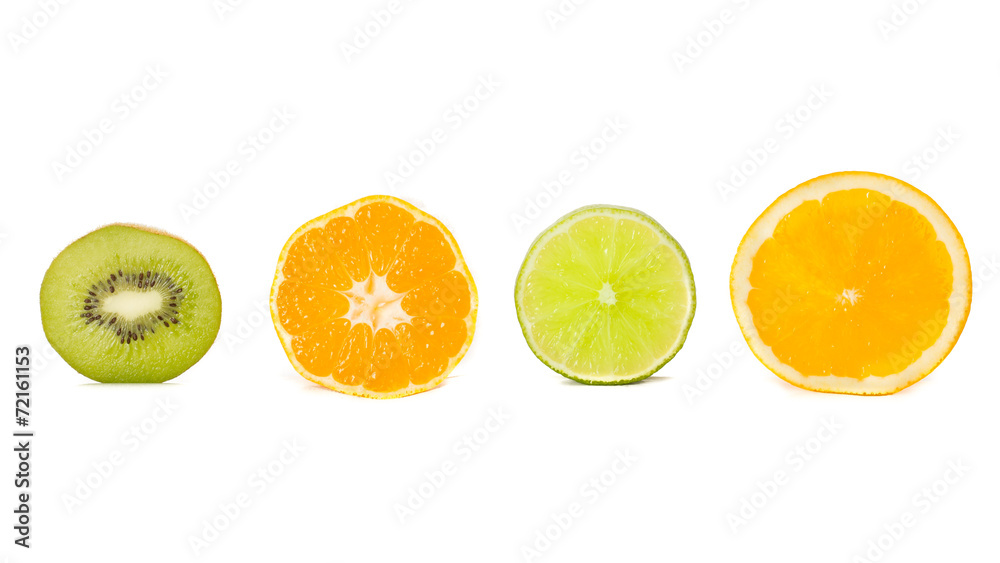 Kiwi, tangerine, lime and orange. Isolated on white. Kiwi, tangerine, lime and orange. Isolated on white.