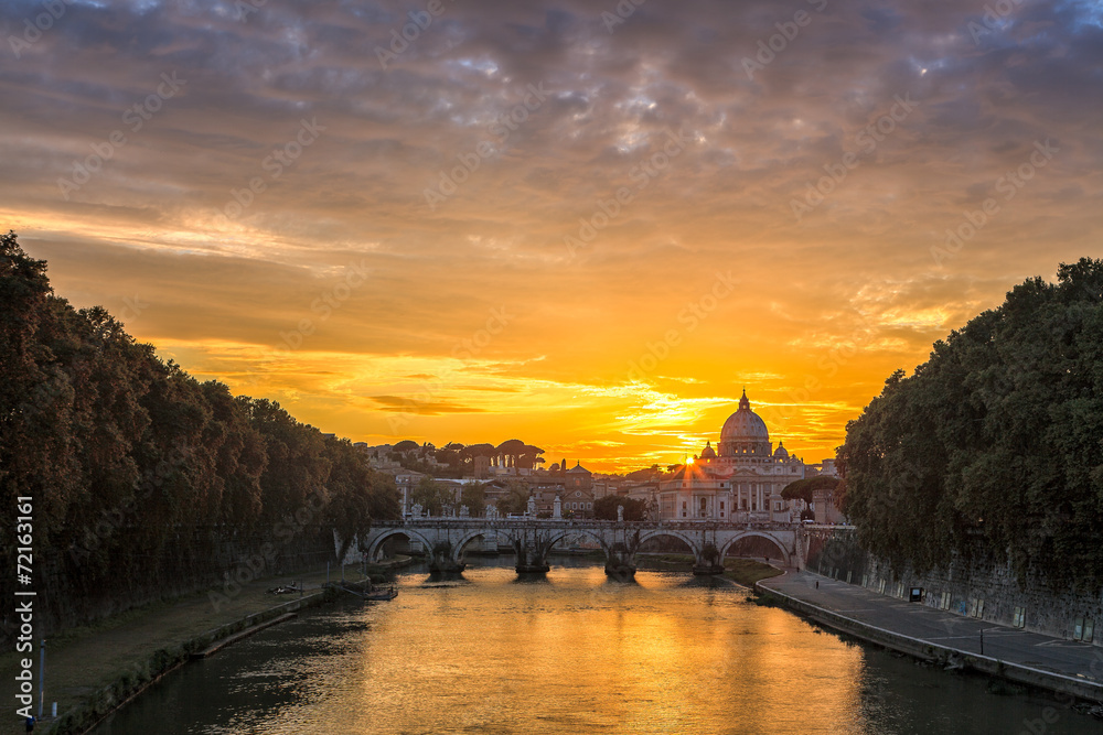 Italian River with Stone Bridge During Sunset