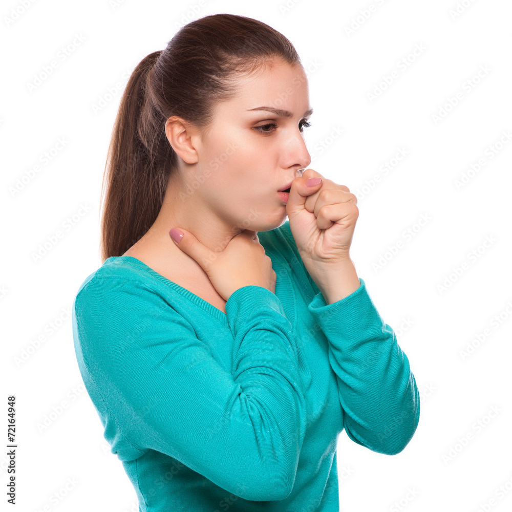 portrait of an young woman coughing with fist portrait of an young woman coughing with fist