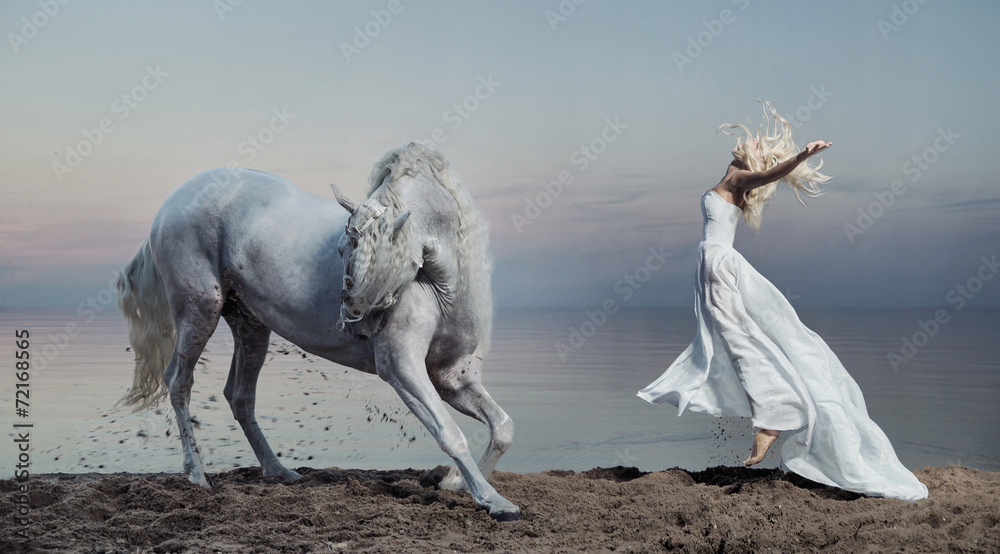 Art photo of the woman with strong horse - obrazy, fototapety, plakaty 
