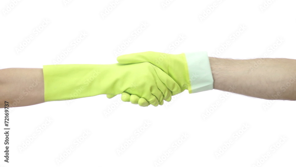 Woman and Man Shaking Rubber Gloved Hands Woman and Man Shaking Rubber Gloved Hands