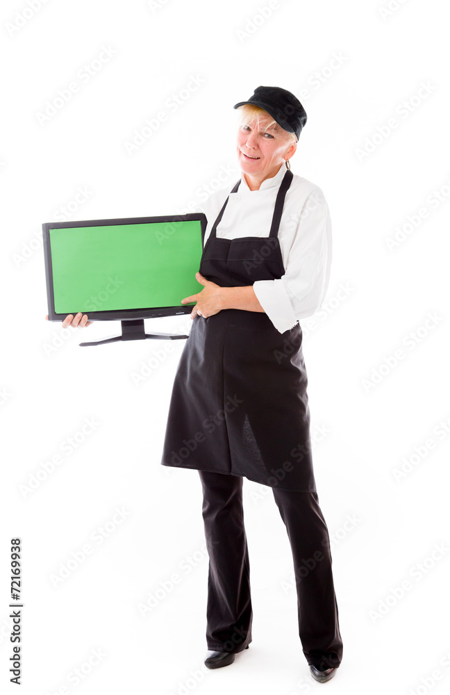 model isolated on white holding blank screen model isolated on white holding blank screen