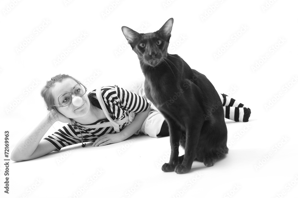 Funny hostess and her cat, monochrome