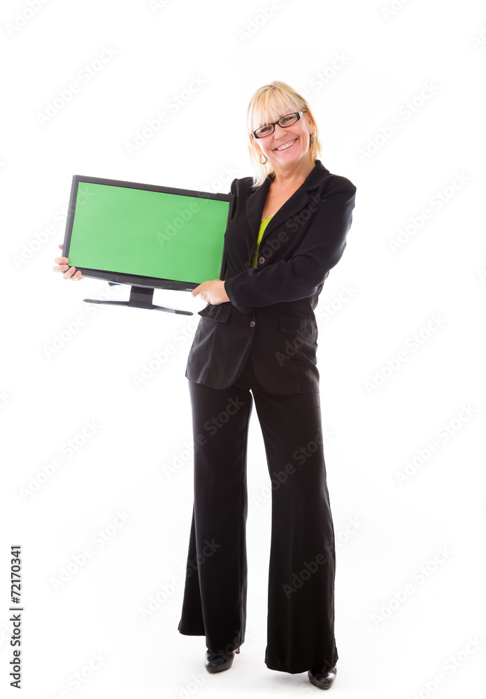 model isolated on white holding blank screen model isolated on white holding blank screen