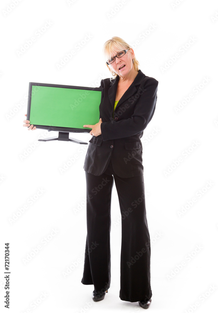 model isolated on white holding blank screen model isolated on white holding blank screen