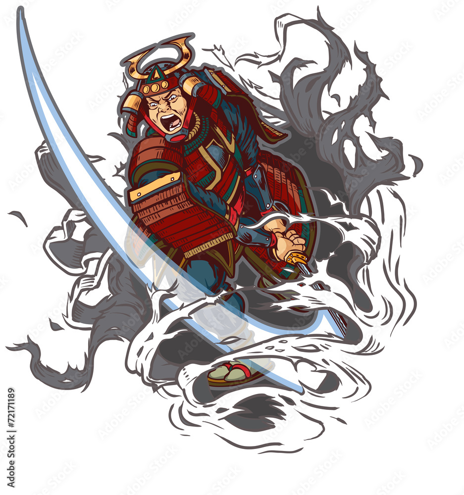 Fototapeta premium Samurai Slashing Through Background Vector Illustration