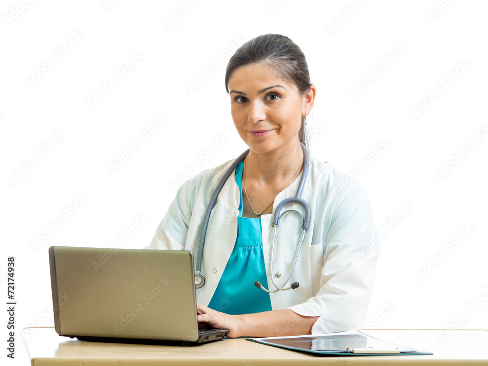 smiling physician working at laptop isolated smiling physician working at laptop isolated