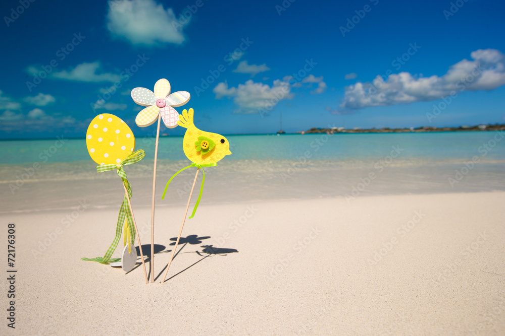 Easter decorations on a background of tropical beach Easter decorations on a background of tropical beach