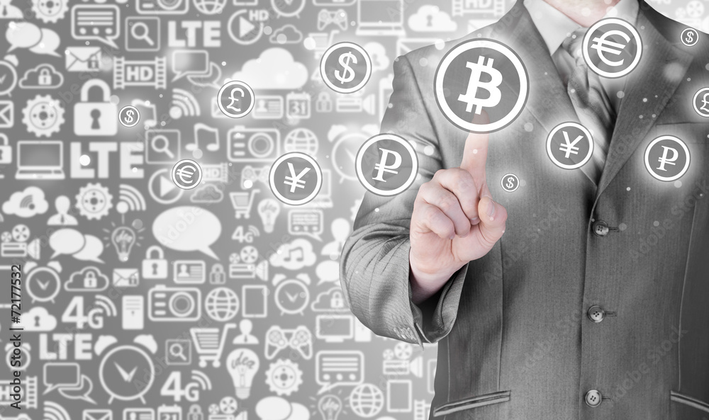 Choosing bitcoins, businessman pressing touch screen button. Choosing bitcoins, businessman pressing touch screen button.