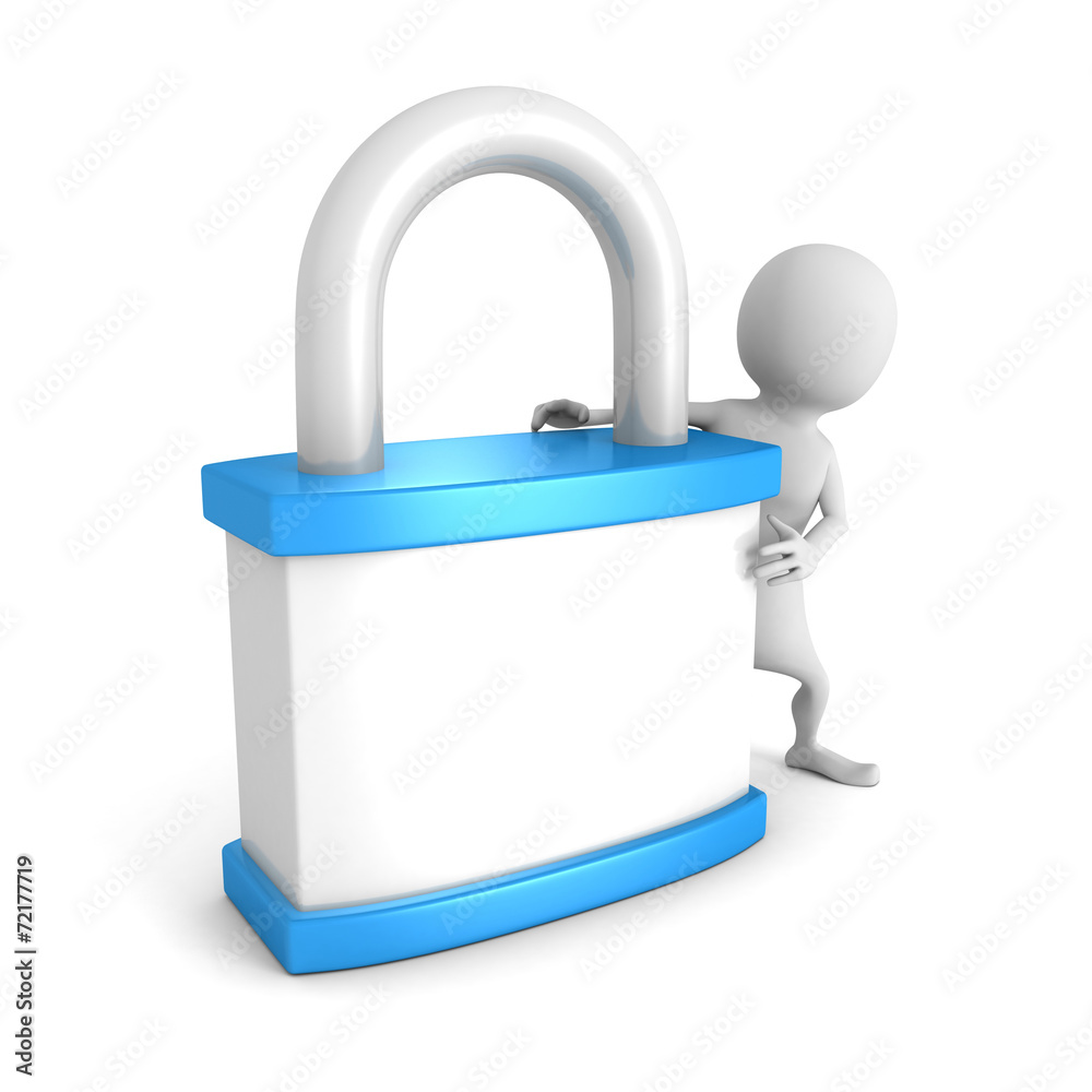 white 3d man with blue padlock. security concept white 3d man with blue padlock. security concept