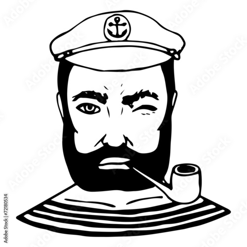 Hand-drawn character sailor. Black and white doodle. Vector