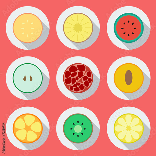 Set of fruit icons. Flat design. Vector  