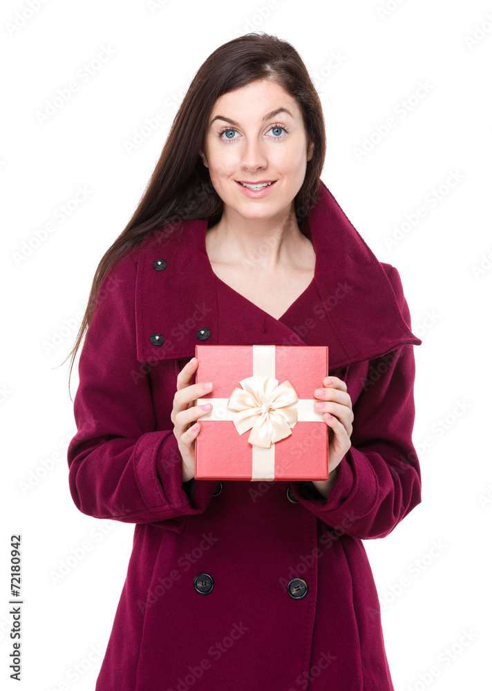 Happy woman hold with red gift box Happy woman hold with red gift box
