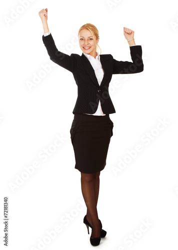 Business woman shows something, hands up,isolated on white