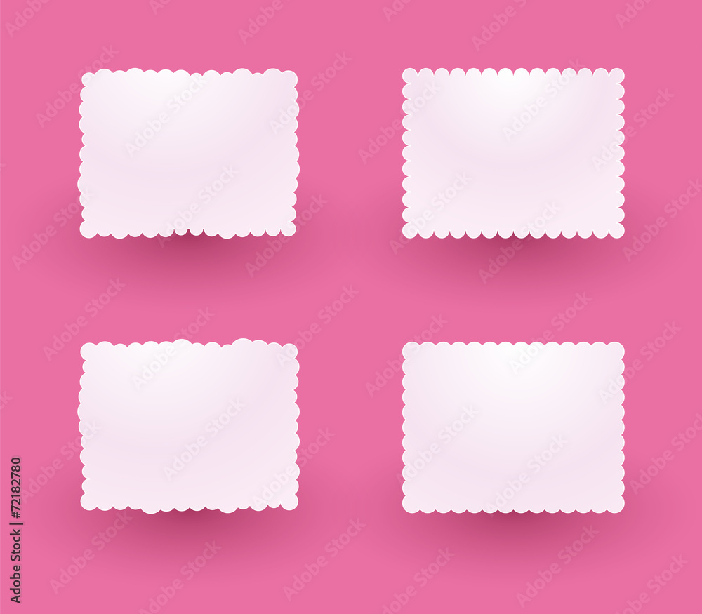 white decorative labels on a pink background