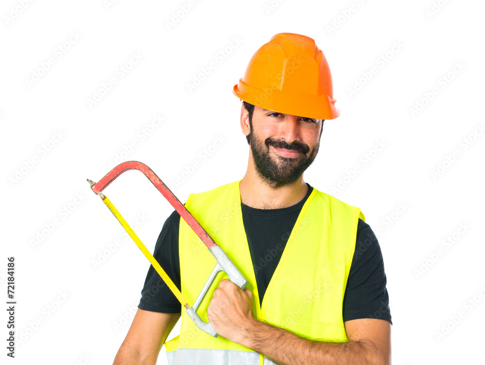 Workman with hacksaw over white background Workman with hacksaw over white background