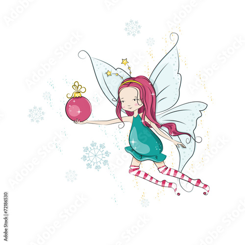 Cute Christmas flying fairy and her hand bright Christmas ball.