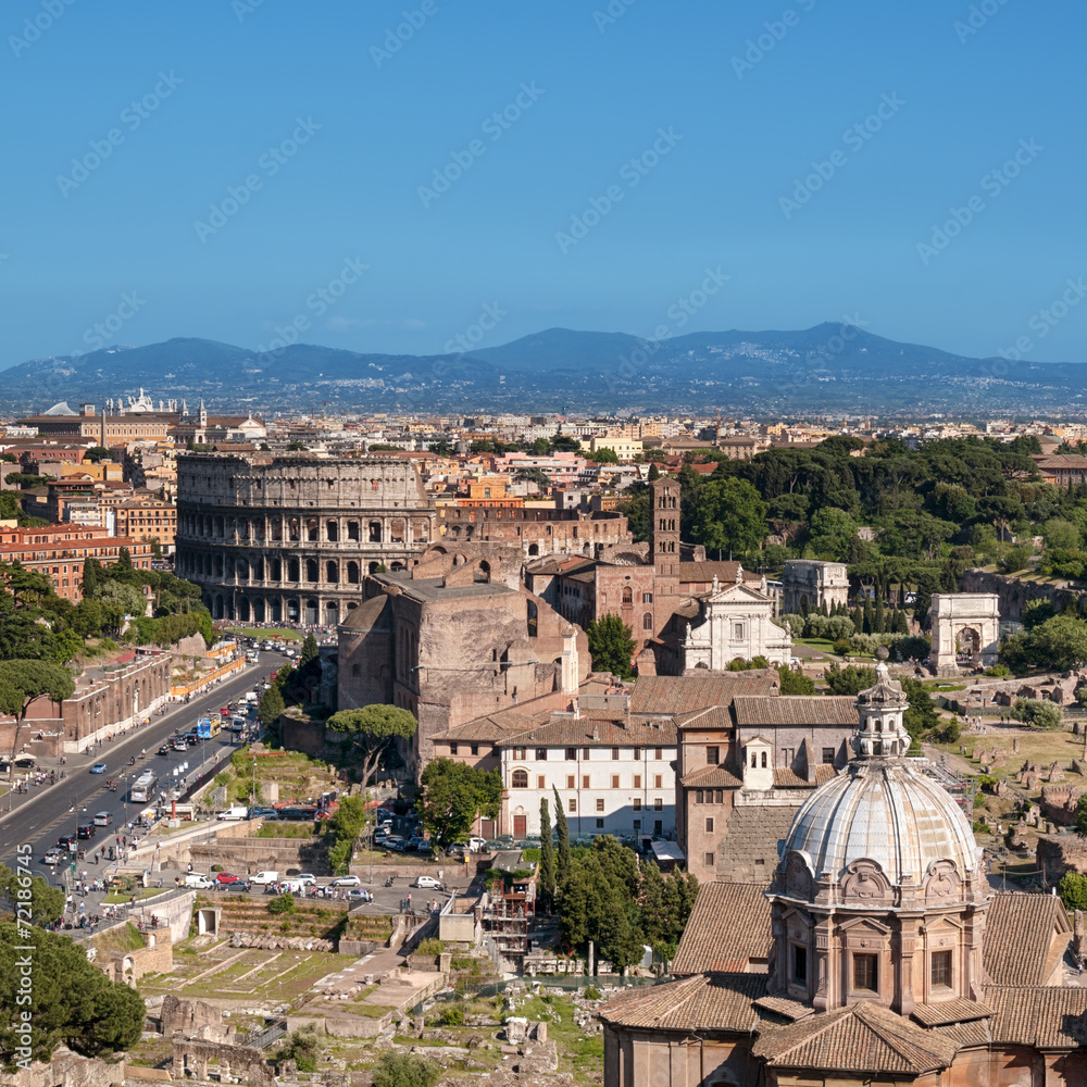 Ariel view of Rome: including the Colosseum and Roman Forum..