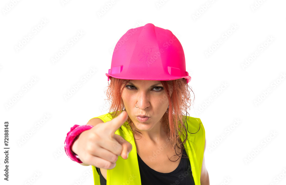 Worker woman shouting over isolated white background Worker woman shouting over isolated white background