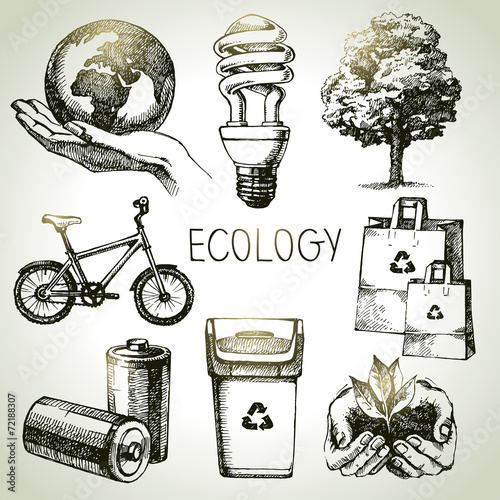 Sketch ecology set. Hand drawn vector illustration