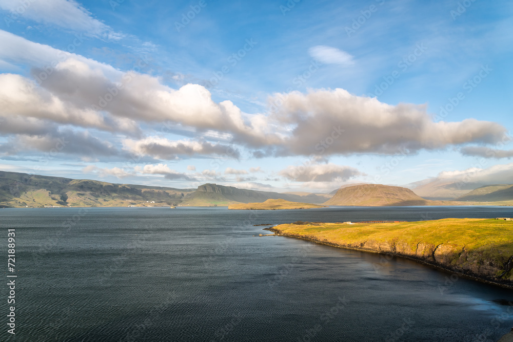 Scenic view of Icelandic landscape with fjord.