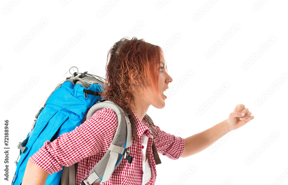 backpacker running fast over white background backpacker running fast over white background