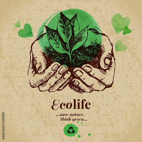 Sketch watercolor ecology poster. Hand drawn vector illustration
