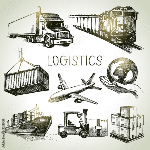 Hand drawn logistics and delivery sketch icons set.