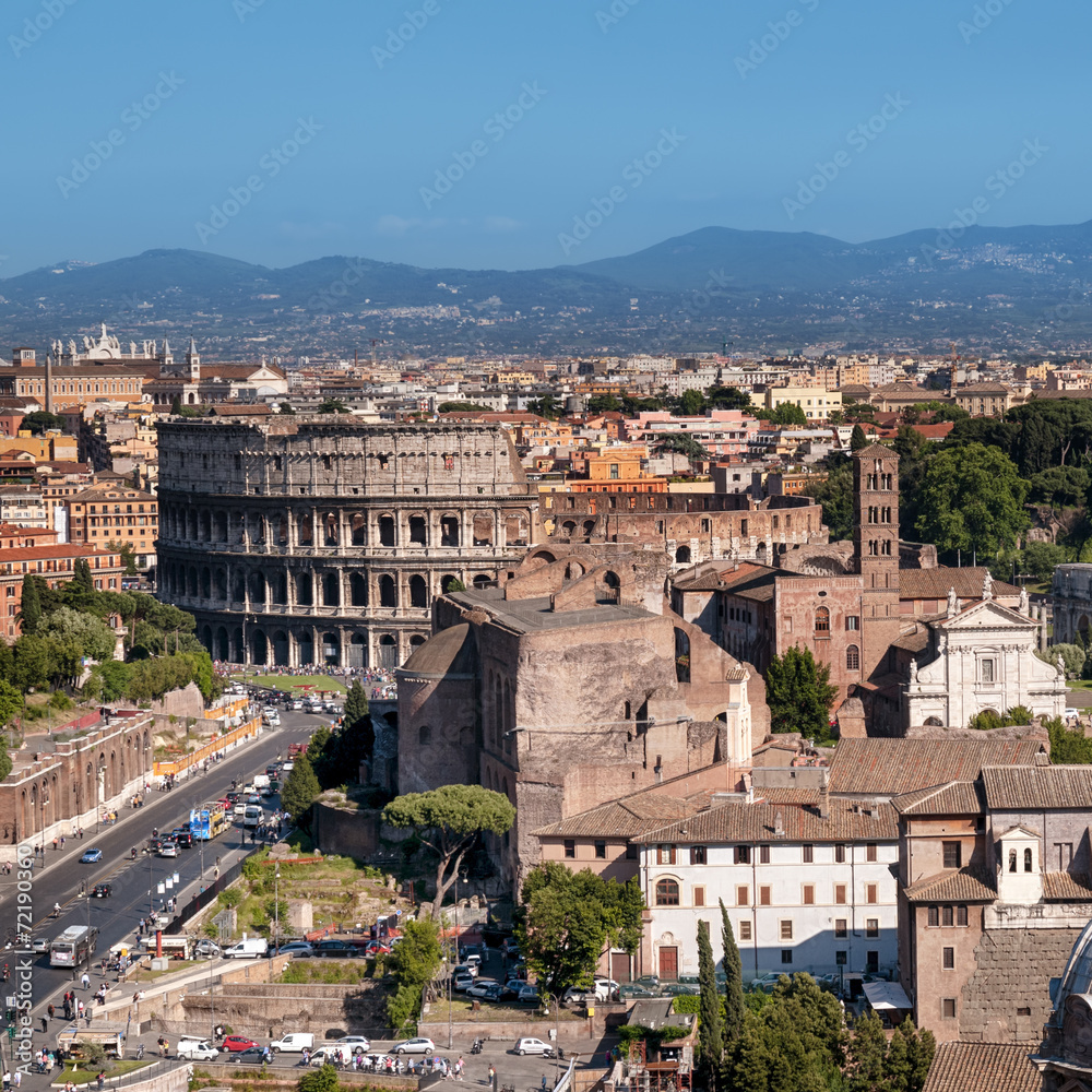 Ariel view of Rome: including the Colosseum and Roman Forum..