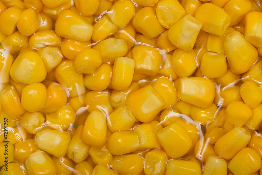 Closeup of tinned whole kernel corn in water Closeup of tinned whole kernel corn in water
