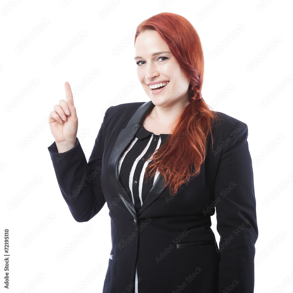 young business woman point up and smiles