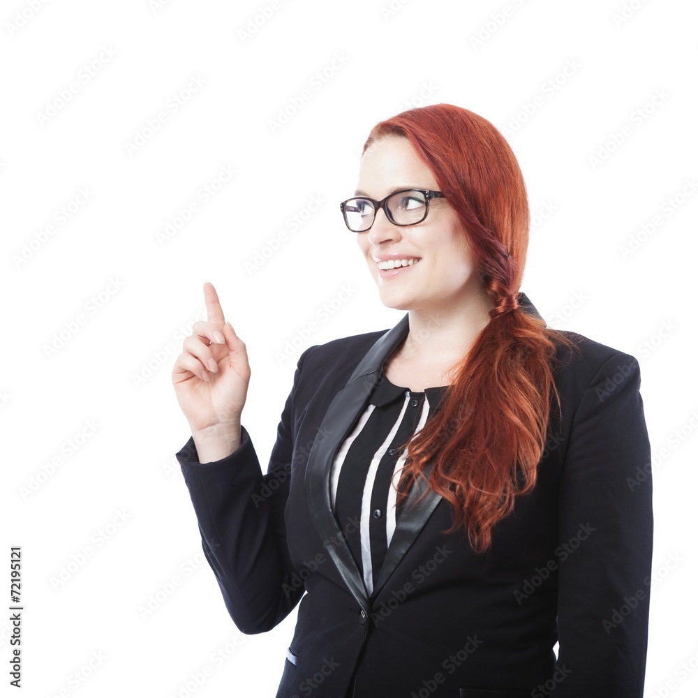 young business woman showing something above young business woman showing something above