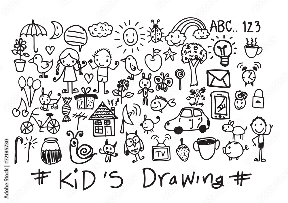 kids and children's hand drawings - obrazy, fototapety, plakaty 