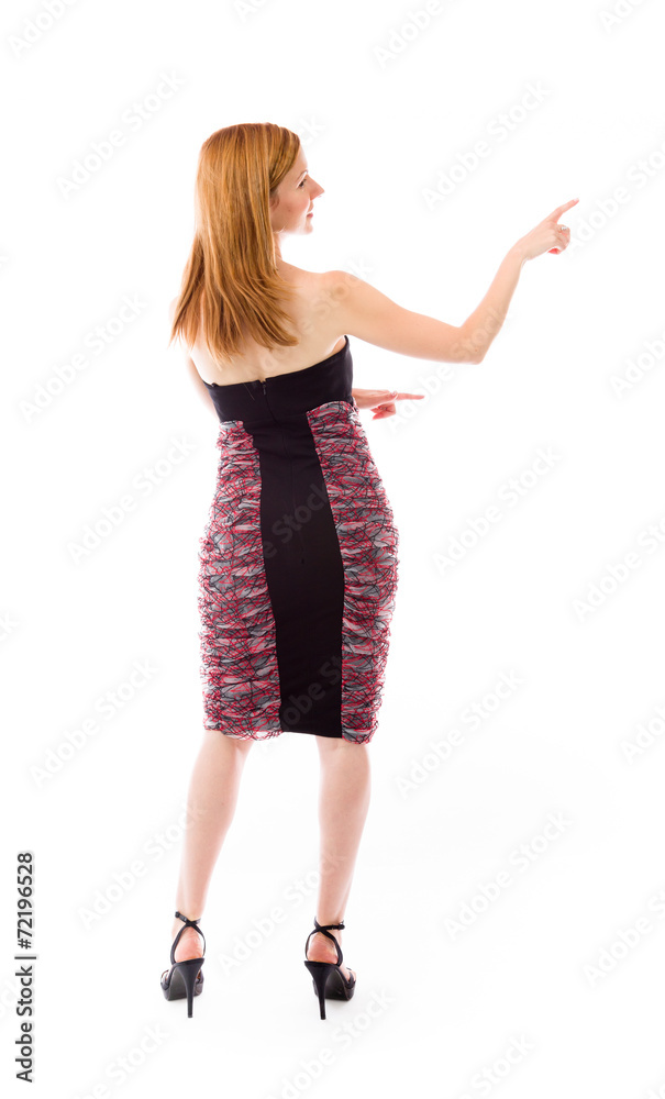 model isolated on plain background looking at camera pointing model isolated on plain background looking at camera pointing