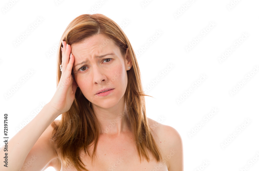 model isolated on plain background confused headache model isolated on plain background confused headache