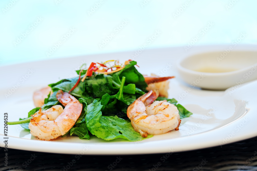 Shrimps. Prawn salad. Healthy Shrimp Salad with greens.