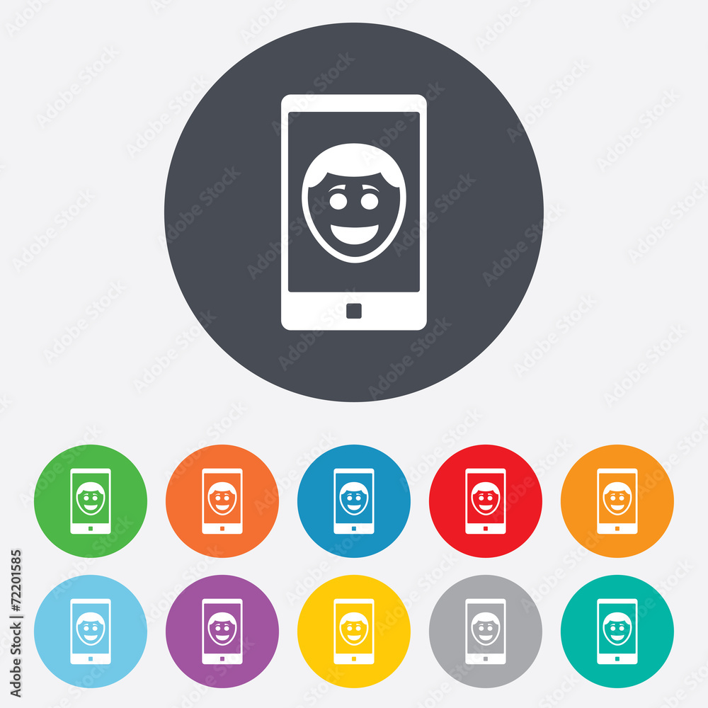 Selfie smile face sign icon. Self photo symbol. Selfie smile face sign icon. Self photo symbol.
