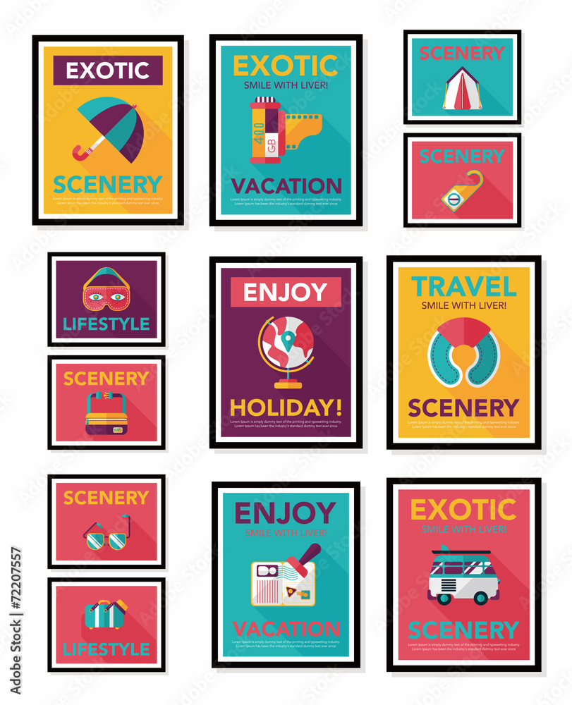 Travel poster banner design flat background set, eps10