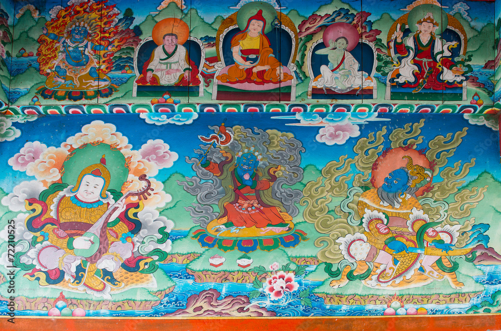 Old buddhist fresco at the gate of Chame village in Himalayan