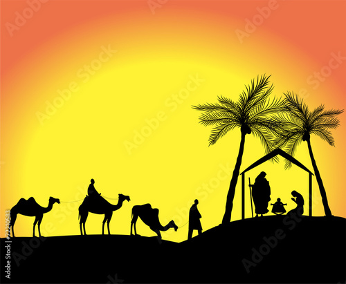 silhouette di presepe nel deserto con re magi
