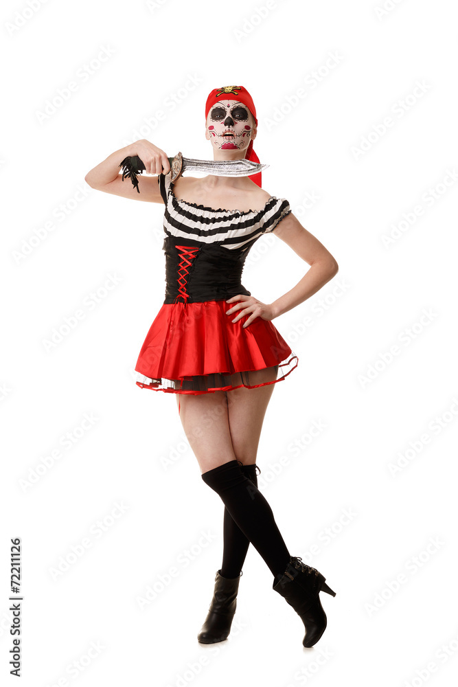 Woman pirate with a sword. Costume for Halloween Woman pirate with a sword. Costume for Halloween