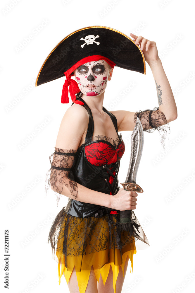 Woman pirate with a sword. Costume for Halloween