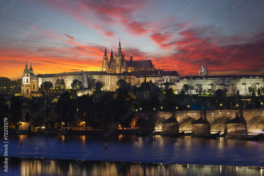 Prague at epic dawn, Charles bridge and Prague castle