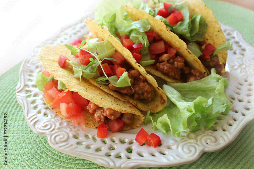 Mexican food - tacos with meat, lettuce and tomatoes Mexican food - tacos with meat, lettuce and tomatoes